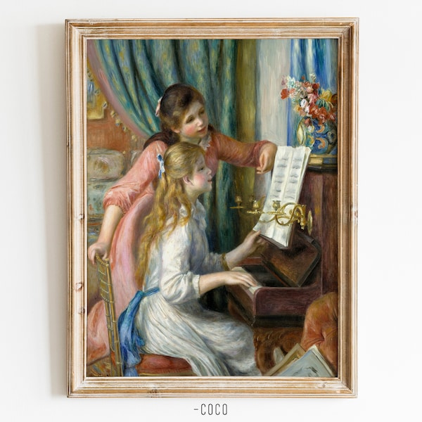 Two Lovely Girls at the Piano Vintage Digital Wall Art old oil painting girl portrait wall art sisters wall art piano wall art friendship