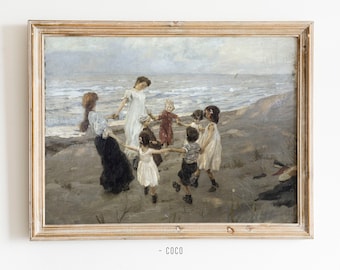 Circle Dance Oil Painting Digital Wall Art Vintage digital wall art Playing Beachside painting sea old painting children play on the beach