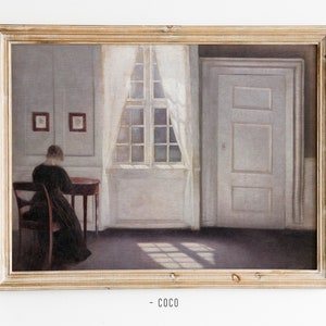 Interior Living Room Oil Painting Wall Art Digital Vintage Wall Art dreamlike Nordic woman back portrait Danish quiet place white curtain