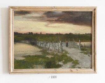 The Old Bridge Landscape Oil Painting Wall Art Digital Vintage Wall Art Countryside Rural scene Hook Pond East Hampton Long Island windmill