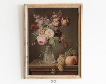 Vintage Flower bouquet in glass vase and Fruits Oil Vintage Digital Wall Art Home Decor Still Life Wall Art flower vase kitchen wall art