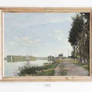 Argenteuil Landscape Oil Painting Wall Art Digital Vintage Wall Art Countryside Road Lake Castle French countryside natural boat green trees