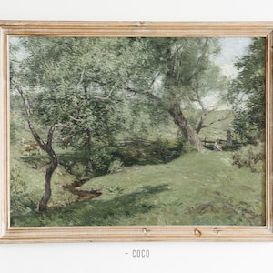 Paisaje pastoral pintura al óleo arte de la pared digital vintage arte de la pared campo paisaje rural campesino tierra pastoral árboles pintura hierba verde