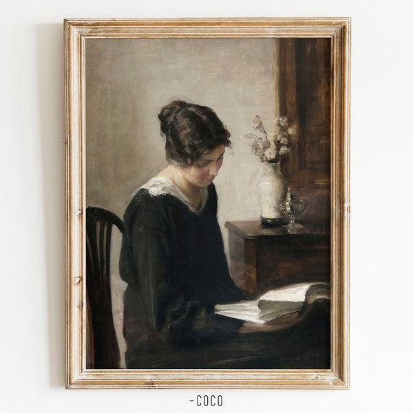 Portrait d’une dame lecture livre femmes vintage Digital Wall Art femmes Portrait imprimable Antique mur art noir robe femmes noir dame intérieur