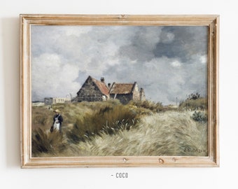 Cottage in the Dunes Oil Painting Wall Art digital vintage wall art countryside wall art farm house old painting wheat field old barn house