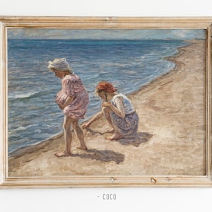 Vintage Two Little Girl Playing on The Beachside Oil Painting Vintage Digital Wall Art old painting Old Beachside wall art sisters wall art