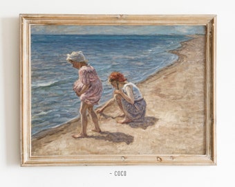 Vintage Two Little Girl Playing on The Beachside Oil Painting Vintage Digital Wall Art old painting Old Beachside wall art sisters wall art