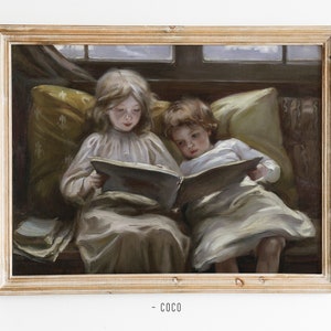 Zusters portret olieverfschilderij digitale muur kunst twee zusters leesboek baby muur kunst kwekerij schilderij decor vintage Kid portret babymeisjes