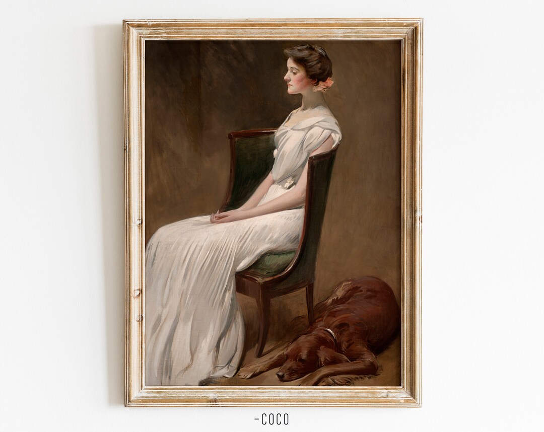 Portrait a Lady in White and Her Dog Vintage Digital Wall Art Home ...