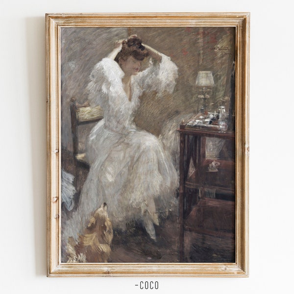 Femme à la coiffeuse Peinture à l'huile Wall Art Digital vintage Wall Art Woman Portrait Lady Portrait Parisienne Belle époque Make up room decor