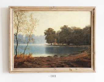 Autumn Lake Landscape Oil Painting Wall Art Digital Vintage Wall Art Countryside Lake autumn landscape fall landscape lakeside wood lake