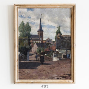 The village oil painting wall art vintage digital wall art countryside decor church painting The village of St Sauves French village street