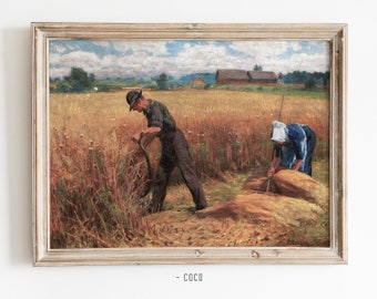 Harvest Time Oil Painting Wall Art Vintage Digital Wall Art Harvest scene Spring Green Farm Field Countryside Wall Art Farmers Portrait