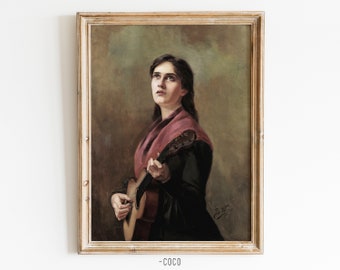 Woman with a Guitar Oil Painting Wall Art Digital Vintage Wall Art Woman Portrait music practice rooms decor playing guitar music studio