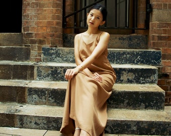 Lila Lyocell Dress in Ochre, women's fashion, minimalist fashion, maxi dress, occasion wear