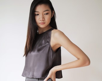 Silk tank in Charcoal, women's fashion, minimal fashion, cropped tank top