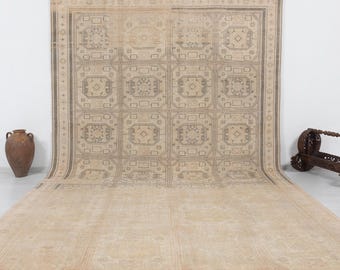 Vintage Turkish Oushak Rug 9x13, Distressed Handmade Neutral Wool Area Carpet