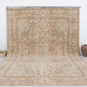 Vintage Turkish Oushak Rug 10x12 Neutral Beige Wool Area Carpet