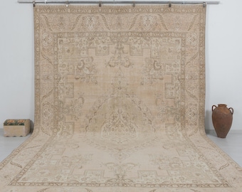 Vintage Turkish Oushak Rug 9x12, Neutral Beige Wool Area Carpet