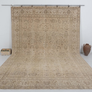 Vintage Turkish Oushak Rug 10x13 Handmade Neutral Beige Oversized Living Room Decor