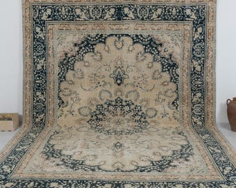 Large Vintage Oushak Rug, 10x12 Neutral Handwoven Wool Area Carpet