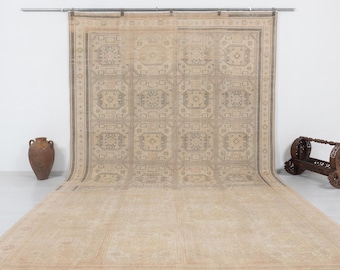 Vintage Turkish Oushak Rug 9x13, Distressed Handmade Neutral Wool Area Carpet