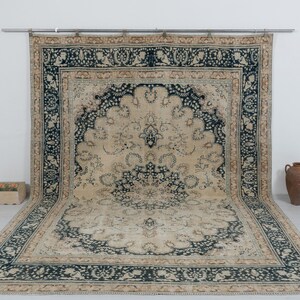 10x12 Large Vintage Persian Style Rug, Beige Blue Floral Medallion