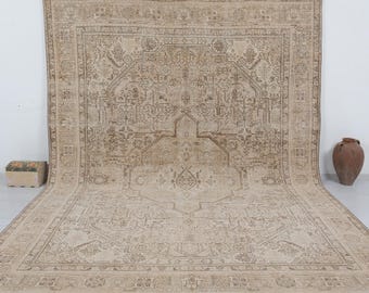 Vintage Turkish Rug, 10x12 Oversized Beige Wool Rug, Neutral Antique Carpet