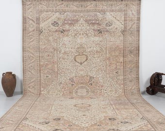 Vintage Turkish Oushak Rug 8x12 Neutral Beige Handmade Wool Area Carpet