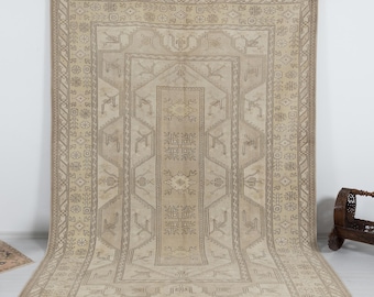 Vintage Turkish Oushak Rug 7x10 Handmade Neutral Beige Wool Area Floor Decor