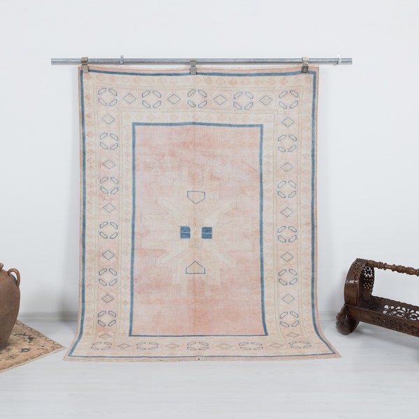 5x6 Oushak Rug, Mid Century Modern, Small Size Turkish Carpet Rug, Vintage Area Rug, Handmade Bohemian Rug,Pink and blue rug,Square rug,1872