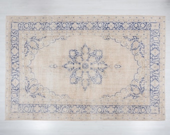 Blue Beige Vintage Rug 7x10, Handmade Oushak Wool Carpet