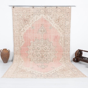 7x10 Turkish Rug, Pink Vintage Rug, Oushak Rug, Low Pile Rug, Antique Handmade Rug, Oversize Rug, Anatolian Rug, Living Room Rug, 2471