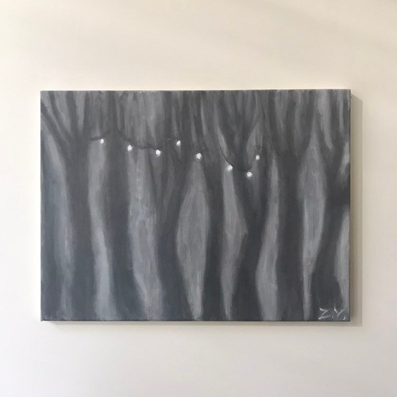 Magical Dark Forest with Lights Original Acrylic Painting on Canvas, Tree, Secret Place, Inferno, Creepy. image 4