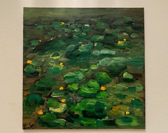 The Pond with Two Frogs Original Oil Painting on Canvas Cardboard, water, lilies, botanical, animal, green, nature