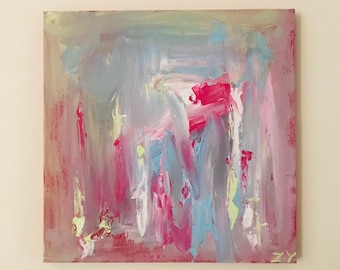 May include: Abstract painting with a mix of pink, blue, grey, and yellow paint. The painting has a textured look and is done in a loose style.
