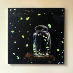 Fireflies In The Glass Jar Original Acrylic Painting on Canvas. Insects Wall Art. Fireflies Drawing. Insects Original Painting on Canvas.