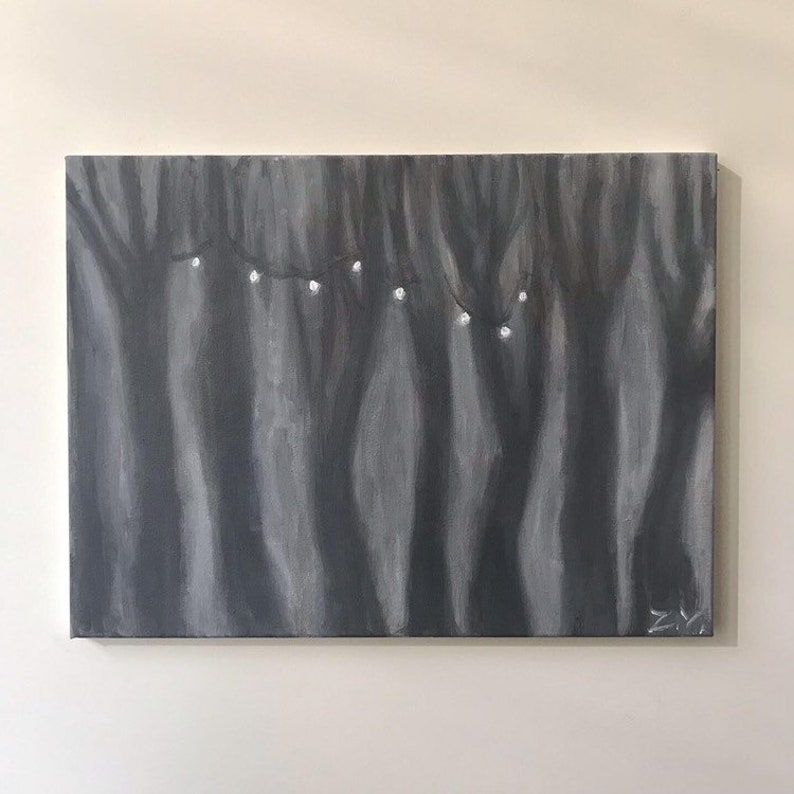 Magical Dark Forest with Lights Original Acrylic Painting on Canvas, Tree, Secret Place, Inferno, Creepy. image 2