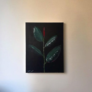 Ficus Elastica Original Acrylic Painting on Canvas. Leaves Wall Art. Plant Original Painting.