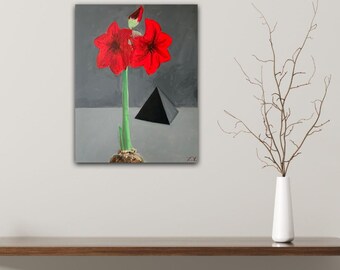 Amaryllis Lily Plant and the Pyramid Original Acrylic Painting On Canvas. Surrealism Flower Art. Modern Art for Interior Decorating.