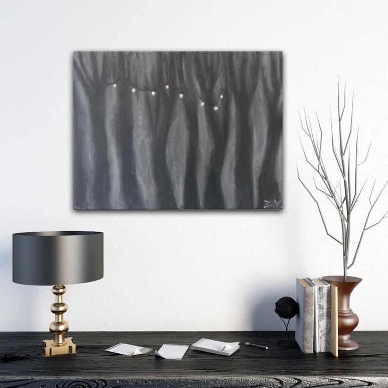 Magical Dark Forest with Lights Original Acrylic Painting on Canvas, Tree, Secret Place, Inferno, Creepy. image 1