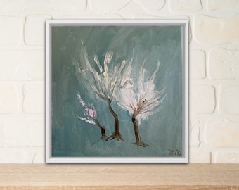 Blooming Trees Original Acrylic Painting on Canvas. Spring Flowers Art. Garden Blossoms Original Acrylic Painting on Canvas. Art for Home.