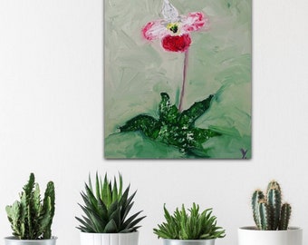 Pintura a óleo original da orquídea Paphiopedilum delenatii, sobre tela e cartão, arte de parede, arte moderna, botânica, flor, desabrochar.