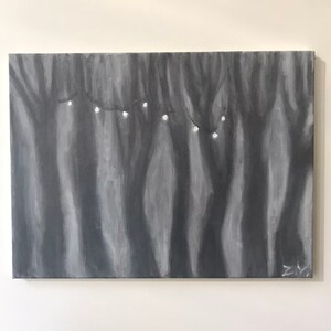 Magical Dark Forest with Lights Original Acrylic Painting on Canvas, Tree, Secret Place, Inferno, Creepy. image 3