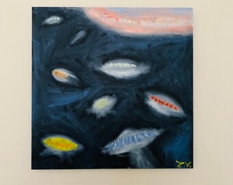 Traffic Jam in 2538 Acrylic Painting on Canvas, UFO, Space, Planet, Universe, Cosmic, Aliens, Interior Decor.