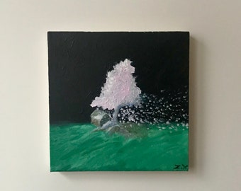 The "Magic Pink Tree", House, Grass, Night, small acrylic painting on canvas, Fine Art, Wall Art.