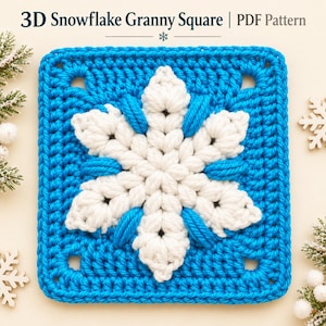 May include: A square crochet piece featuring a bright blue border and a central white 3D snowflake design with blue accents. The text 3D Snowflake Granny Square | PDF Pattern is displayed at the top of the image in dark blue lettering.