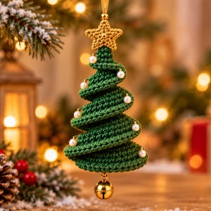 Op de afbeelding: Een spiraalvormige, gehaakte kerstboomhanger in groen met een gouden gehaakte ster aan de bovenkant, kleine witte parelachtige kraaltjes langs de randen en een klein goudkleurig metalen belletje dat onderaan in het midden hangt.