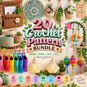 May include: A digital collection of 20 crochet patterns featuring various items including hanging baskets, wall organisers, decorative lamps, and a doll on a swing. The image displays colourful yarn projects, hanging planters, and text reading 20 Crochet Pattern BUNDLE.