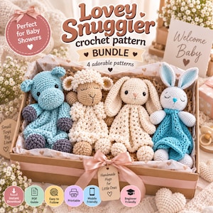 May include: A cardboard gift box containing four crocheted lovey snuggler toys: a blue hippo, a cream-colored sheep, a cream-colored bunny, and a white and blue bunny. The box features a pink ribbon and a tag reading Handmade Hugs for Little Ones.